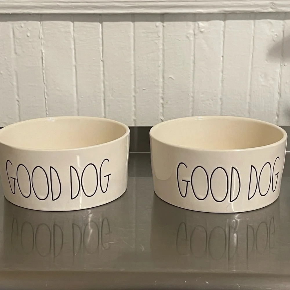 Set of 2 Rae Dunn Cream Ceramic Pet Bowls
